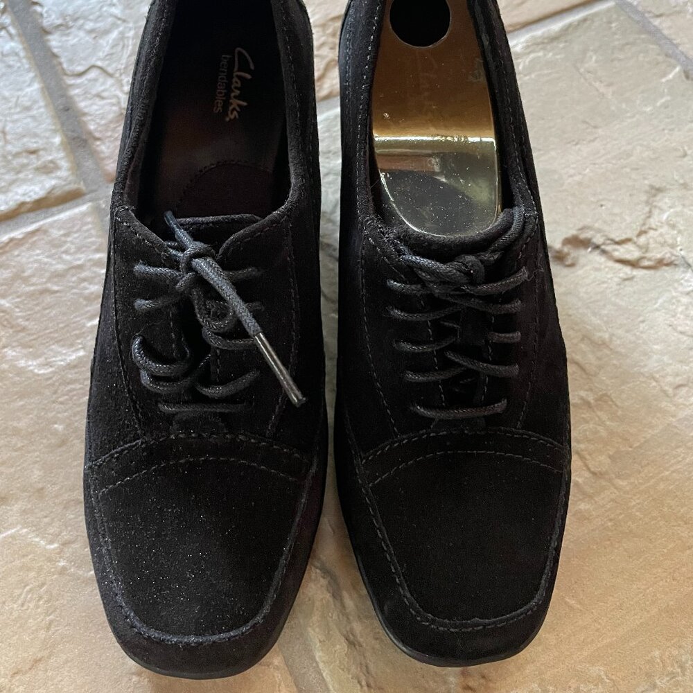 Clark's black suede lace up 2 inch heals/ankle boots size 7